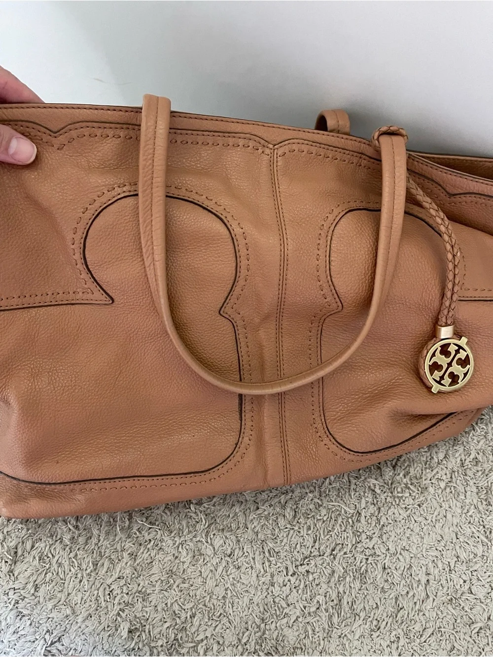 Tory Burch Cognac Leather Tote with Logo Charm